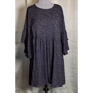 Umgee M Black Floral Burnout Sheer Lined Babydoll Dress Bell Sleeve Flowy - NEW!